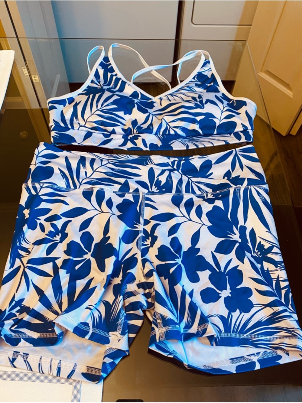 Avia Athletic Blue and White Floral Sports Bra and Shorts Set